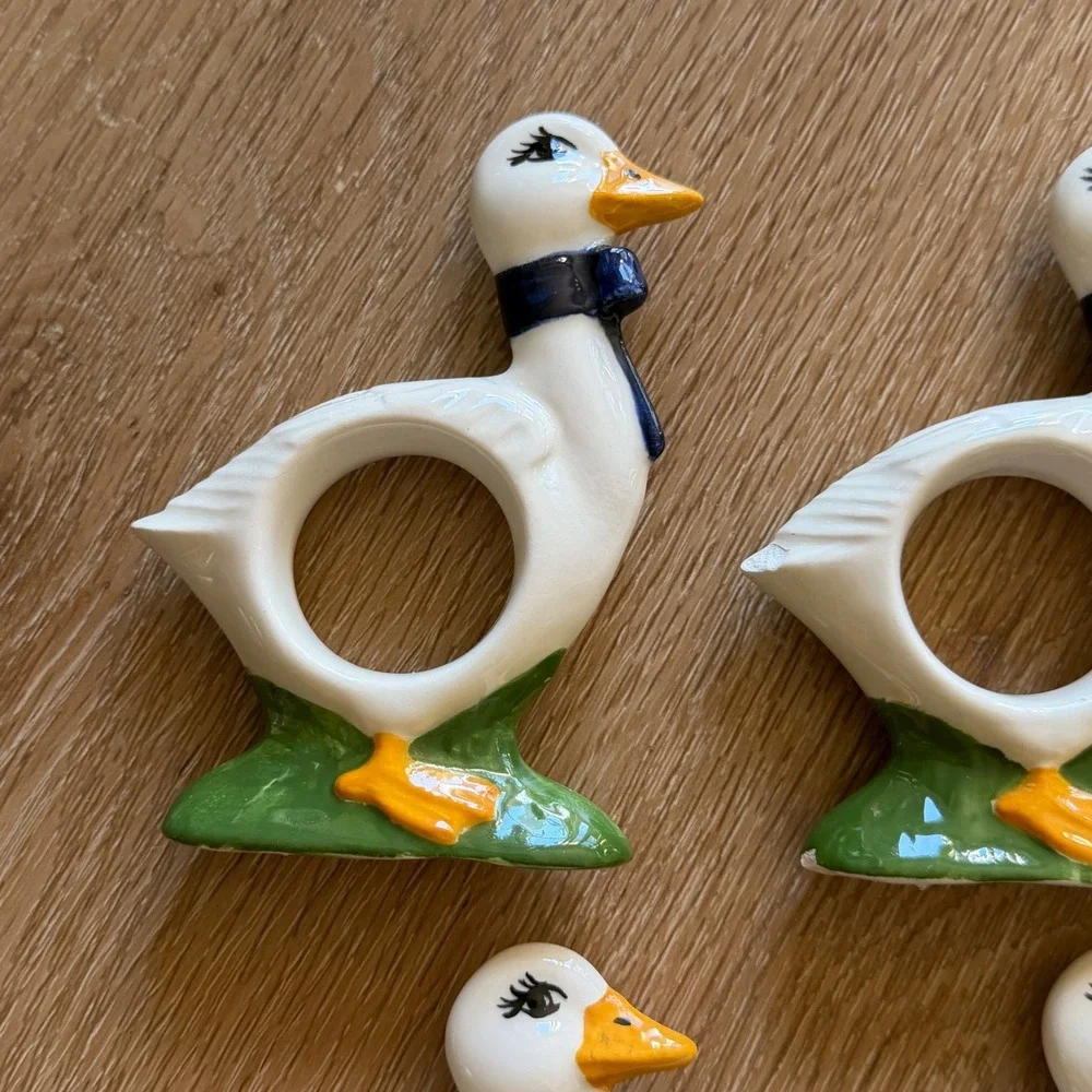 Vintage Ceramic Goose Napkin Rings Set of 9 White Blue Bow Farmhouse Decor